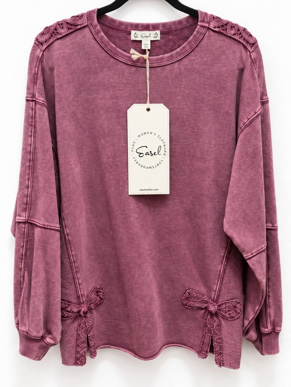 Easel Mineral Wash Crochet Bow Sweatshirt – Mauve – Size Small NWT